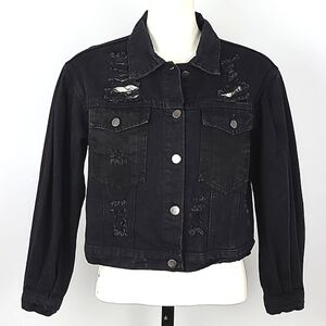 Shein Distressed Cropped  Black Denim Jean Jacket Puffy Sleeves Size XS